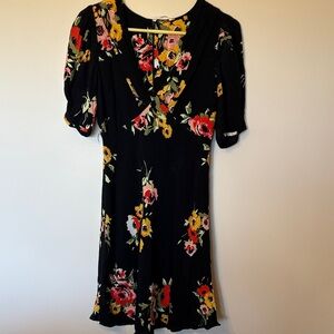Free People Black Floral Midi Dress with V-Neckline